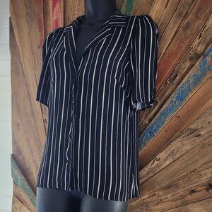 Reformation striped puff sleeve black relaxed shirt/blouse Sz M made in USA